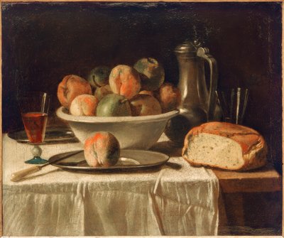Gedeckter Tisch mit Obstschale und Zinnkanne von Unbekannt