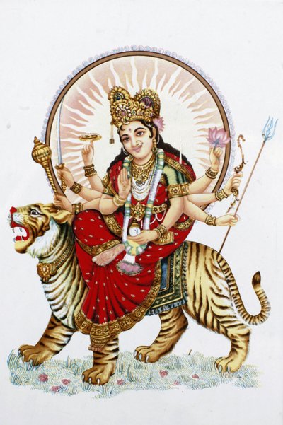 Göttin Sherawali (Durga) reitet auf einem Tiger, Rishikesh, Indien von Unbekannt