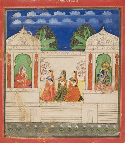 Krishna und Radha in zwei Pavillons, 19. Jahrhundert von Unbekannt