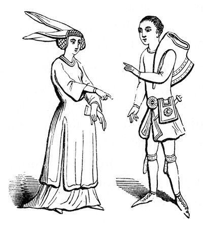 Männliche und weibliche Kostüme, um 1350, 1910 von Unbekannt