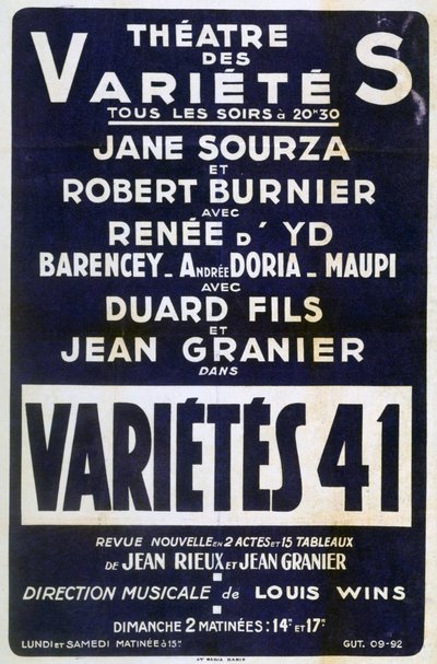 Plakat für die Werbung für Variétés 41 Varieté-Show, Frankreich, 1941 von Unbekannt
