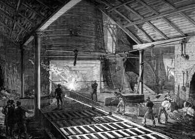 Gießen des flüssigen Eisens in die Formen, um 1880 von Unbekannt