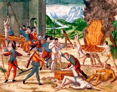 Spanische Konquistadoren foltern amerikanische Indianer, 1539-1542 von Unbekannt