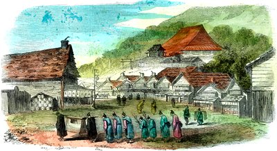 Straße in Hakodate und Trauerzug, Japan, 1856 von Unbekannt