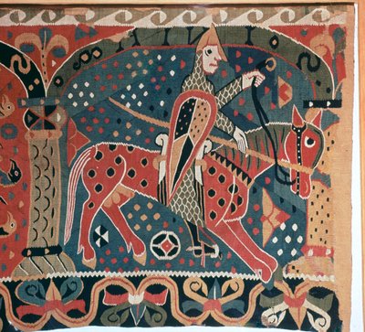 Wandteppichfragment, das einen Wikingerreiter zeigt von Unbekannt