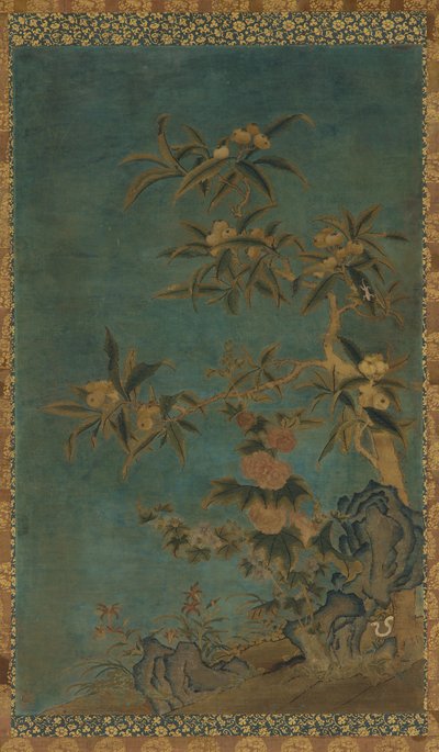 Wandteppich: Obstbäume und Stockrosen, Ming-Dynastie, 1368-1644 von Unbekannt