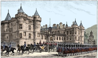 Die Königin verlässt den Holyrood Palace, Edinburgh von Unbekannt