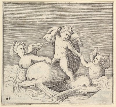 Drei Cupidos und zwei Delfine, veröffentlicht um 1599-1622 von Unbekannt