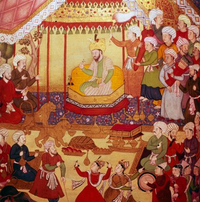 Timur auf dem Thron während der Feierlichkeiten, Mughal-Manuskript, 1600-1601 von Unbekannt