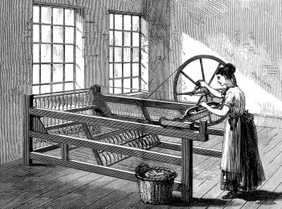 Frau benutzt eine Spinning Jenny, um 1880 von Unbekannt