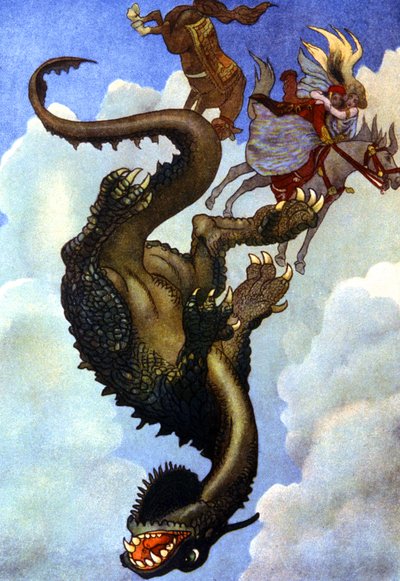 Paar kämpft gegen einen Drachen, ca. 1910 (Illustration) von Unbekannter Künstler