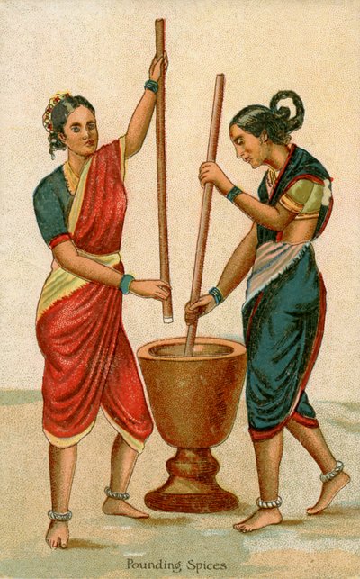 Indische Frauen beim Zerkleinern von Gewürzen von Unbekannter Künstler