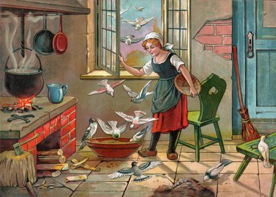 Bauernmädchen mit Tauben (Illustration um 1920) von Unbekannter Künstler