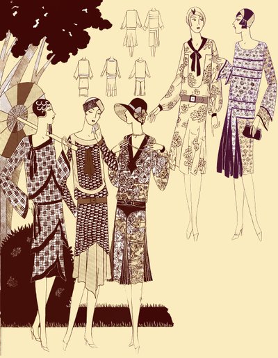 Gedruckte Modekleider im Frühling 1928 von Unbekannter Künstler