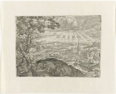 Landschaft mit Stadtansicht und strahlender Sonne von Unknown