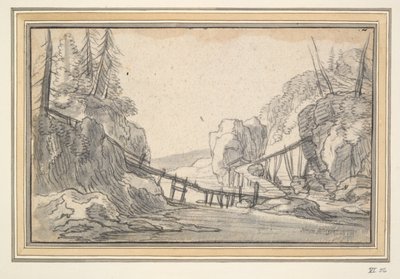 Gebirgige Landschaft mit Holzbrücke von Unknown