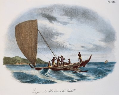 Fidschianisches Segelkanu, Farbgravur von Unknown artist