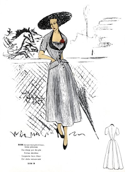 Französische Mode, gestreiftes Alpakakleid-Design von Unknown artist