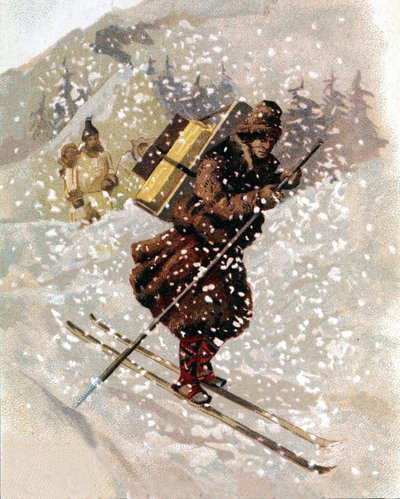 Schneeskifahrer. Chromolithographie von Unknown artist