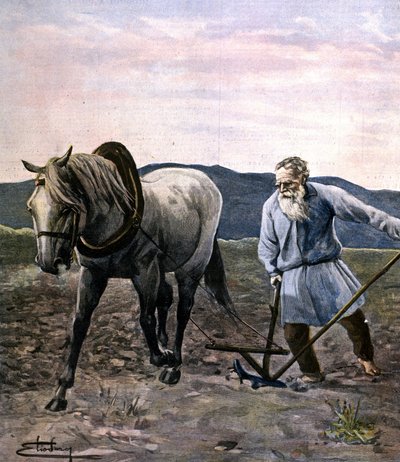 Tolstoi beim Pflügen. Gravur Ende des 19. Jahrhunderts von Unknown artist