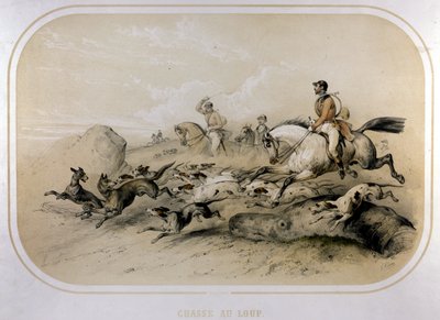 Eine Wolfsjagd. Gravur des 19. Jahrhunderts. von Unknown artist