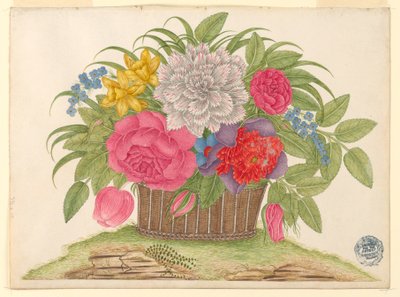 Korb mit Blüten und Blättern auf der Erde von Unknown artist