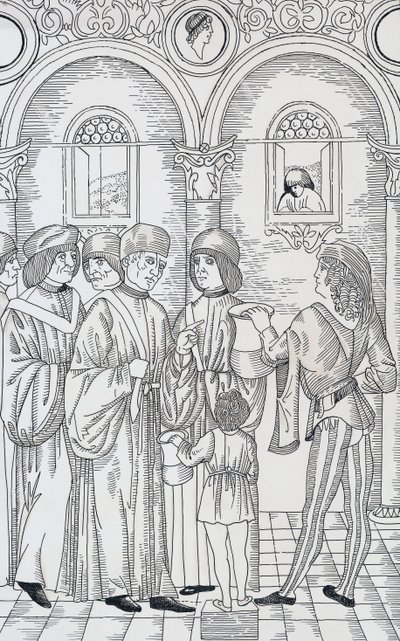 Arzt untersucht Urin des Patienten, Holzschnitt von Unknown artist