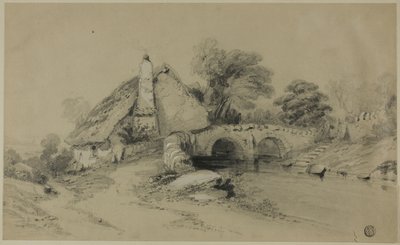 Bauernhof mit Strohdach in der Nähe einer Steinbrücke von Unknown artist