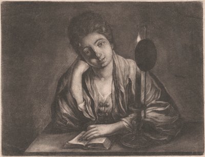 Mädchen liest bei Kerzenlicht von Unknown artist