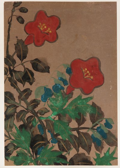 Rote und blaue Blumen und Laub von Unknown artist