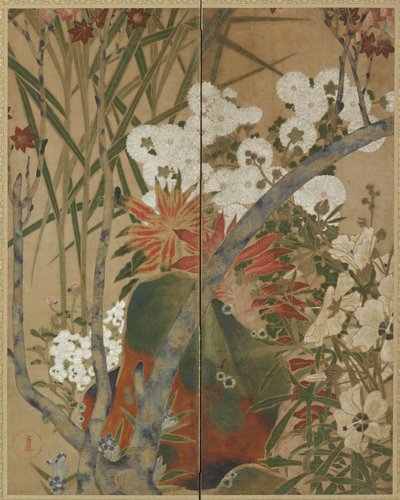Felsen, Schösslinge und Herbstblumen von Unknown artist
