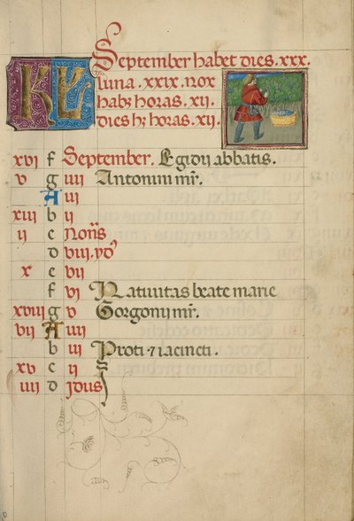 September Kalenderseite; Traubenlese von Unknown artist