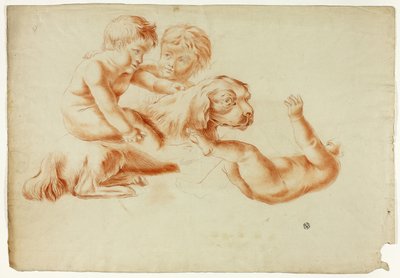 Drei Putti spielen mit einem Hund von Unknown artist