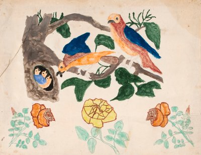 Drei Rosen und Vogelfamilie von Unknown artist