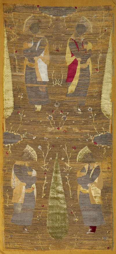 Samtpaneel mit vier jungen Männern, die Blumen riechen von Unknown artist
