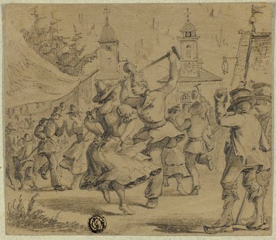 Frauen und Soldaten tanzen auf dem Dorfplatz von Unknown artist
