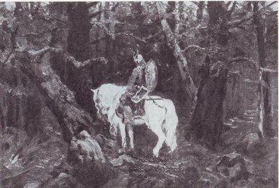 Im Nachdenken (Ritter auf einem Pferd reitet in einen dichten Wald) von V.Vasnetsov
