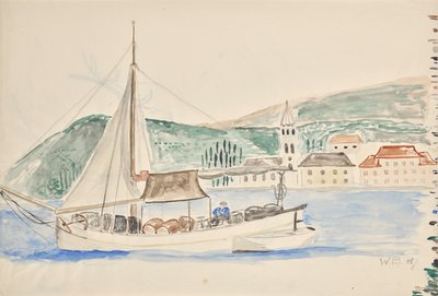 Mann in Boot mit Fässern in Italien von Walter Barwig