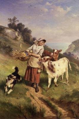 Mädchen mit zwei Kälbern von Walter Hunt