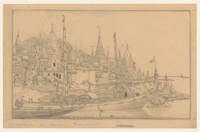 Flussufer mit Schiffen in Benares von Wijnand Otto Jan Nieuwenkamp