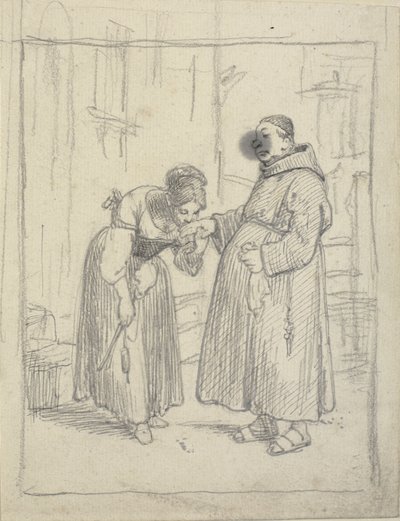 Mädchen küsst die Hand eines Mönchs von Wilhelm Marstrand