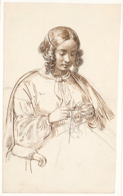Junge strickende Dame, halbe Figur von Wilhelm Marstrand