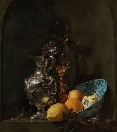 Stillleben mit Silberkrug und Porzellanschüssel von Willem Kalf