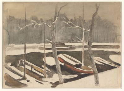 Vertäute Boote an einem verschneiten Kanal von Willem Arnoldus Witsen