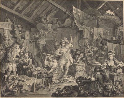 Umherziehende Schauspielerinnen, die sich in einer Scheune umziehen von William Hogarth