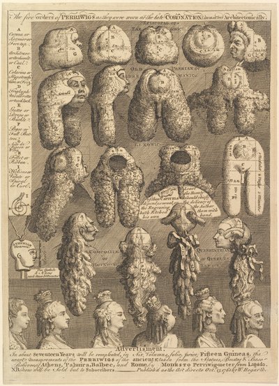 Die fünf Ordnungen der Perücken von William Hogarth