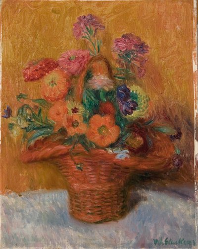Roter Korb mit Zinnien von William James Glackens