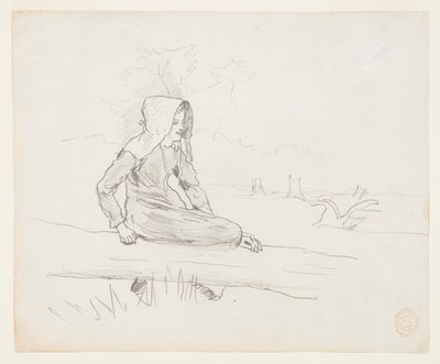 Mädchen auf einem Baumstamm sitzend von Winslow Homer