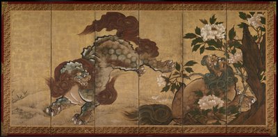 Löwen und Tiger in Pfingstrosen und Bambus von Yamaguchi Sekkei