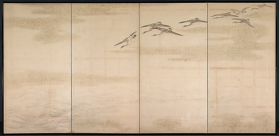 Gänse, Schilf und Wasser, 1800er von Yamamoto Baiitsu